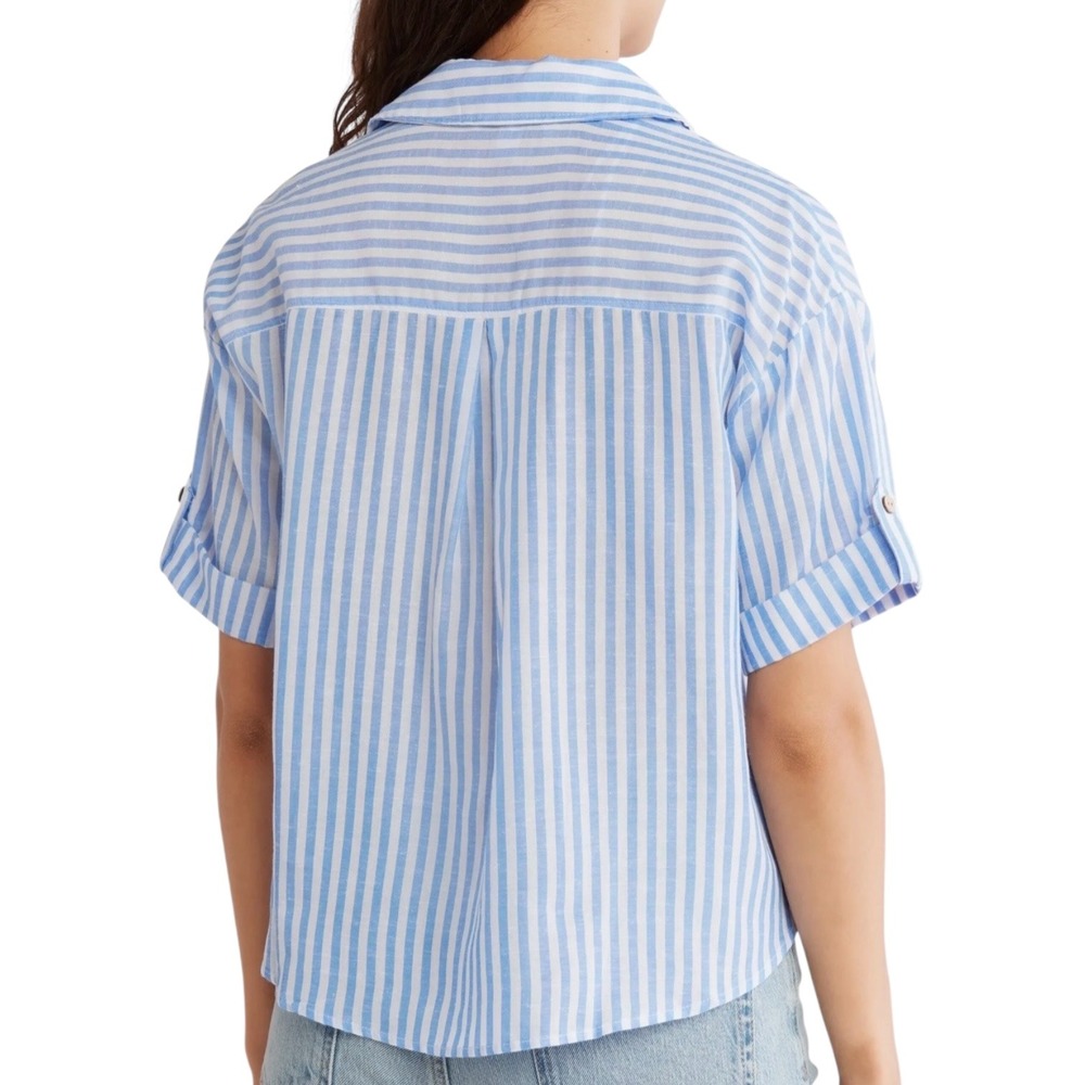 Jason Wu Womens Blue White Striped Linen Blend Button Up Shirt Short Sleeve Sz S - Picture 2 of 7